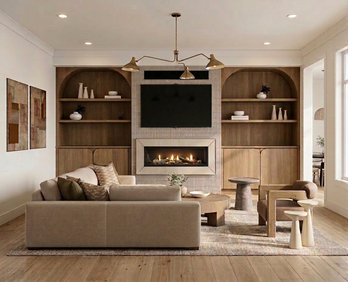 Beige sectional sofa, fireplace, wall-mounted TV, built-in wooden shelves, and large windows with natural light. — Living with Lolo. Beige sectional sofa, fireplace, wall-mounted TV, built-in wooden shelves, and large windows with natural light. — Living with Lolo.