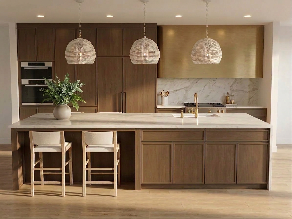 Kitchen with wooden cabinetry, a marble island with two chairs, pendant lighting, and built-in appliances. — Living with Lolo. Kitchen with wooden cabinetry, a marble island with two chairs, pendant lighting, and built-in appliances. — Living with Lolo.