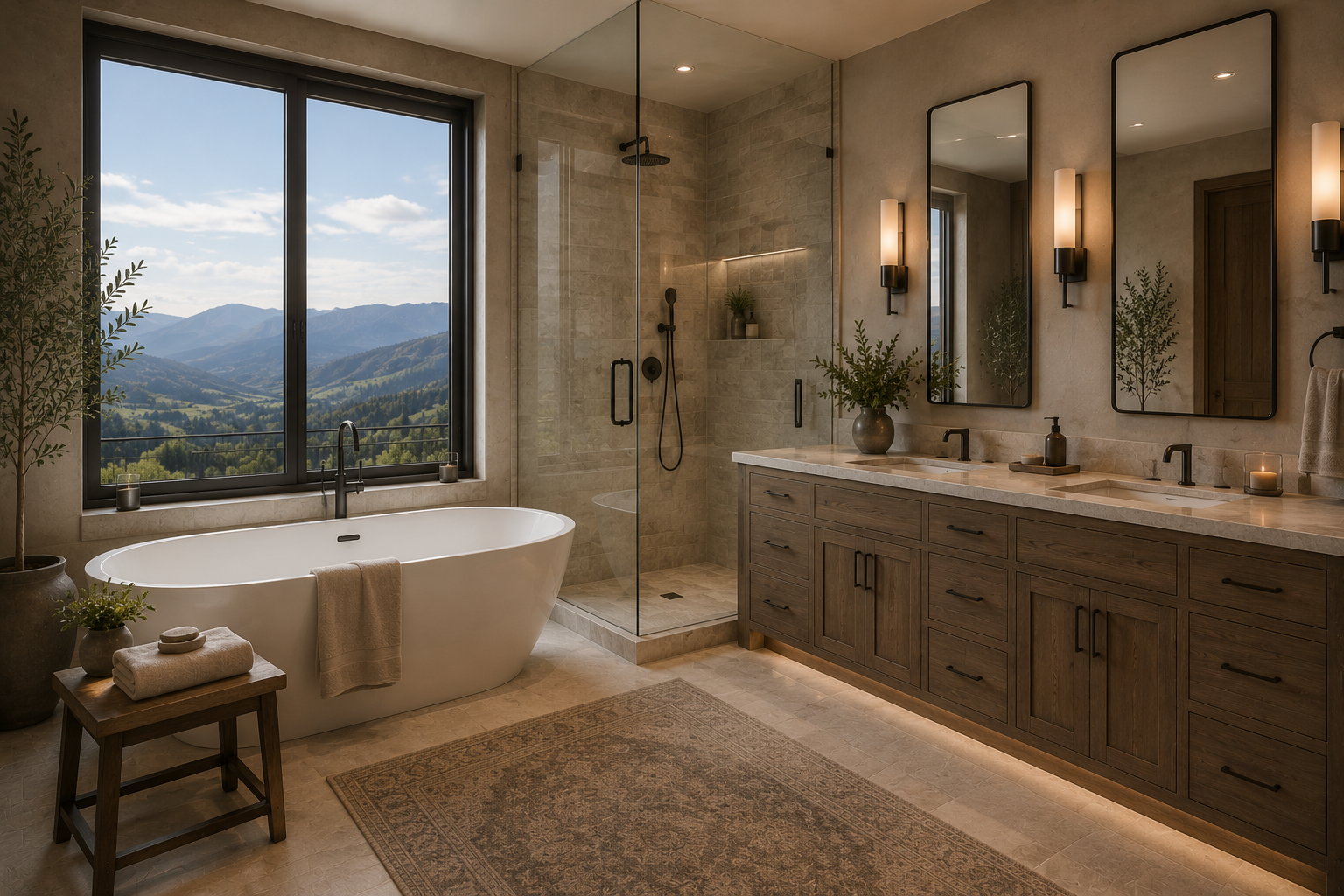 Luxury Mountain-Modern Bathroom Park City Utah Living with Lolo Luxury mountain-modern primary bathroom with freestanding soaking tub, glass shower, and panoramic mountain views in Park City, Utah by Living with Lolo