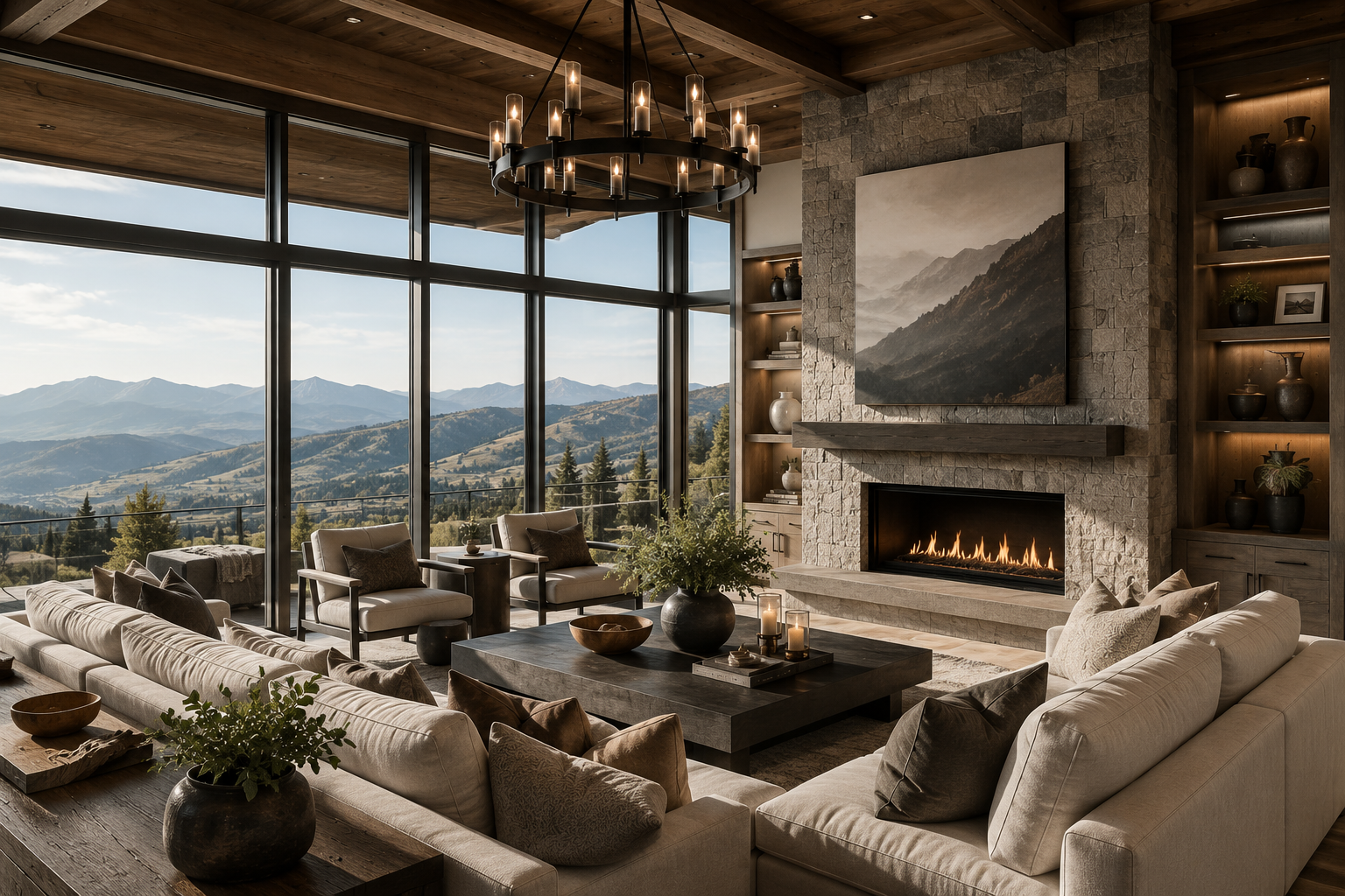 Luxury Mountain-Modern Great Room Stone Fireplace Park City Utah Living with Lolo Luxury mountain-modern great room with floor-to-ceiling stone fireplace, coffered beam ceiling and panoramic mountain sunset views in Park City, Utah by Living with Lolo