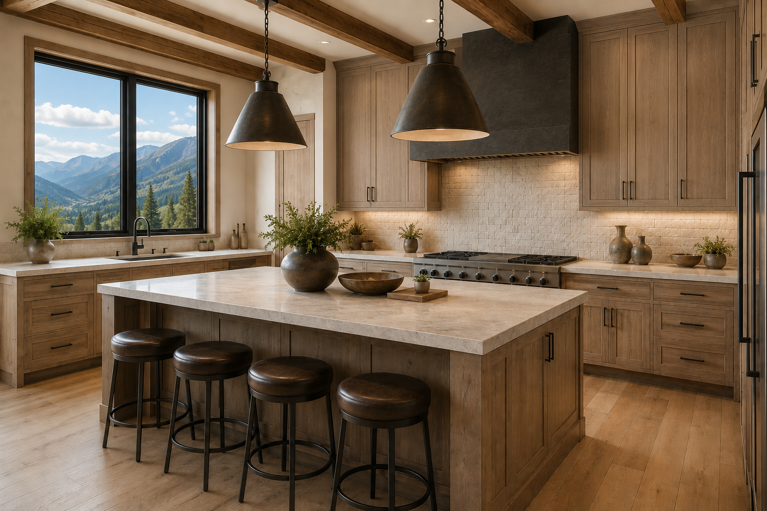 Luxury mountain-modern kitchen with light oak cabinetry, honed stone island, exposed wood beams and mountain views in Park City, Utah by Living with Lolo