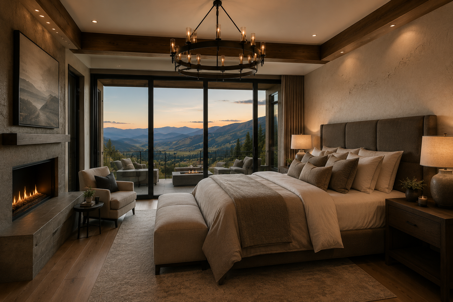 Luxury mountain-modern primary bedroom with fireplace, floor-to-ceiling mountain views at dusk and warm neutral palette in Park City, Utah by Living with Lolo