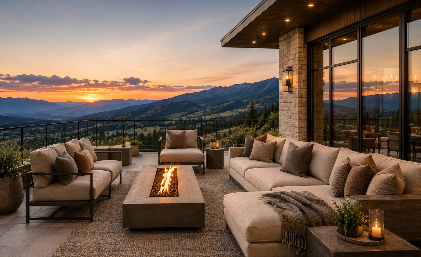 Luxury Mountain Outdoor Living Fire Pit Terrace Park City Utah Living with Lolo Luxury mountain outdoor living space with fire pit terrace and panoramic sunset views in Park City, Utah by Living with Lolo
