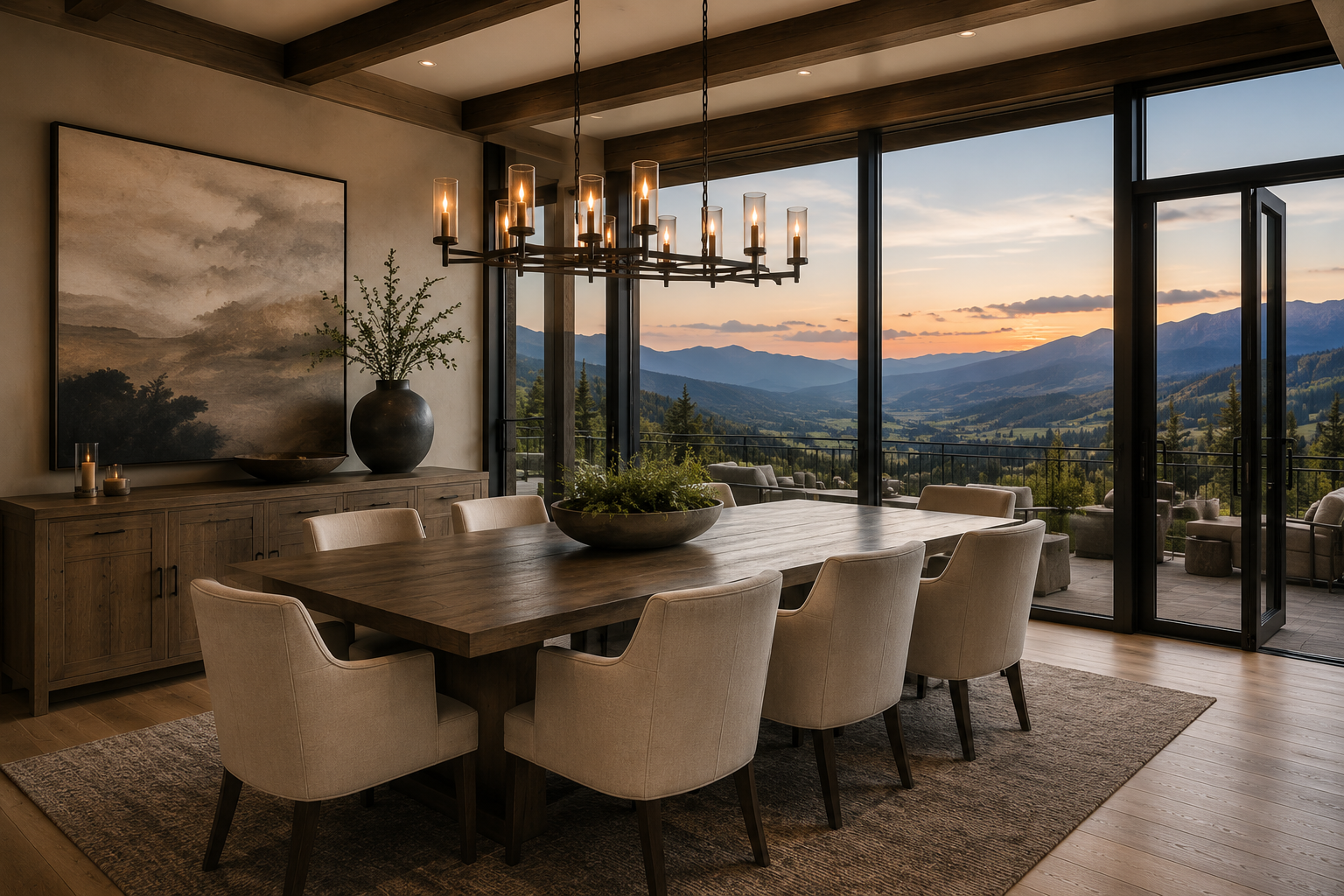 Mountain-Modern Dining Room Wood Beams Chandelier Park City Utah Living with Lolo Mountain-modern dining room with reclaimed wood table, exposed beam ceiling, iron chandelier and floor-to-ceiling mountain views at sunset in Park City, Utah by Living with Lolo